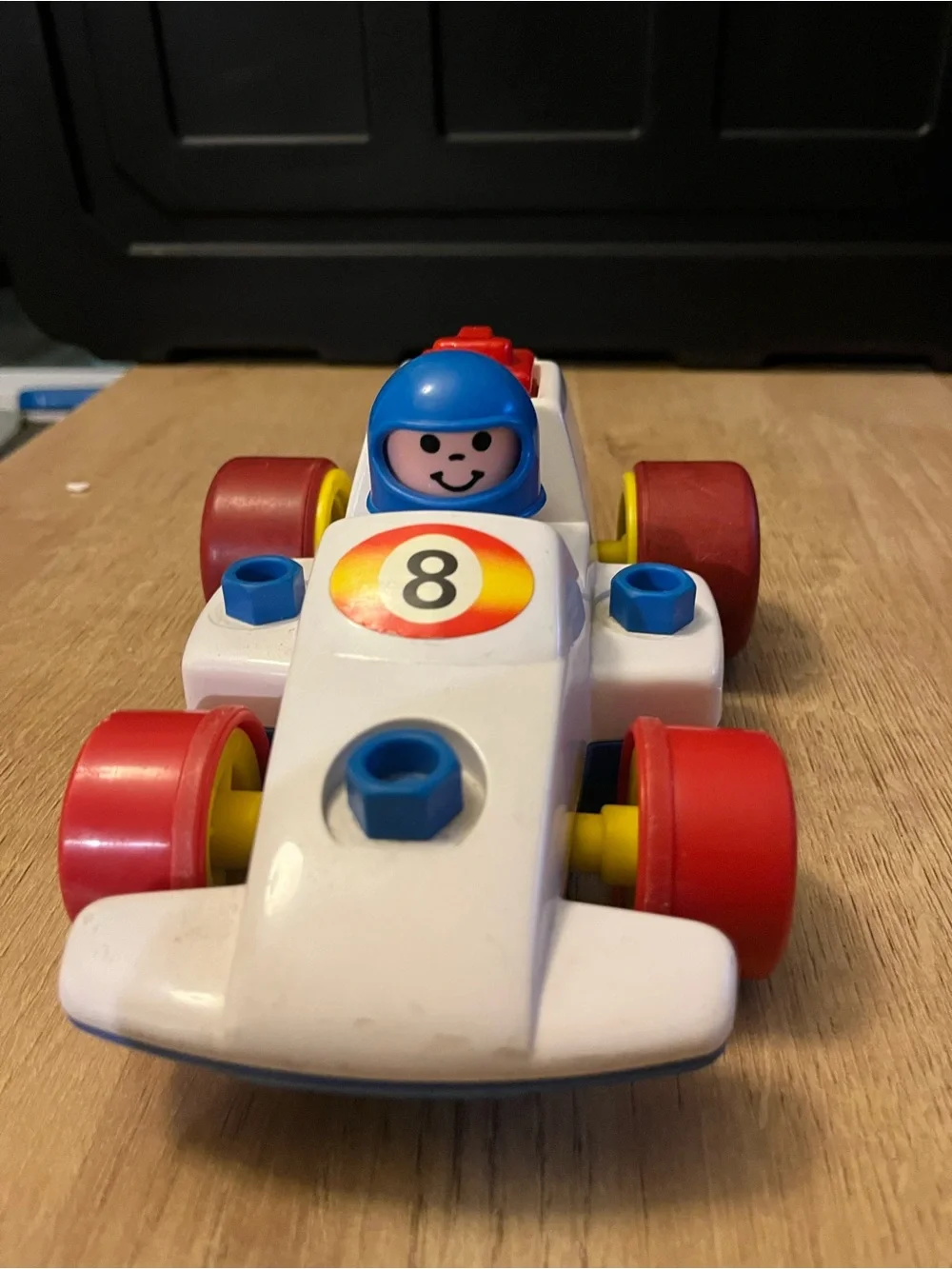 Fisher-Price White Race Car with Red Wheels and Blue Driver works great!